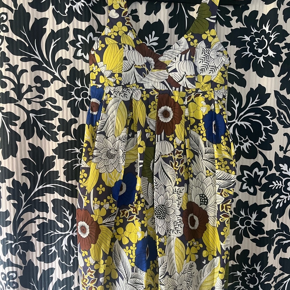 Bold Floral Halter Dress in Yellow, Blue & Brown